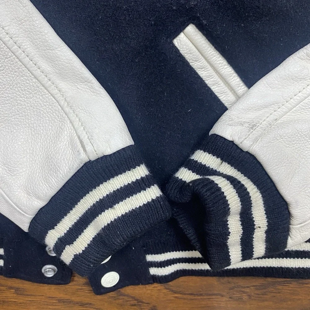 True Religion Richie Varsity Letterman Jacket Black Cream Leather Wool Mens M